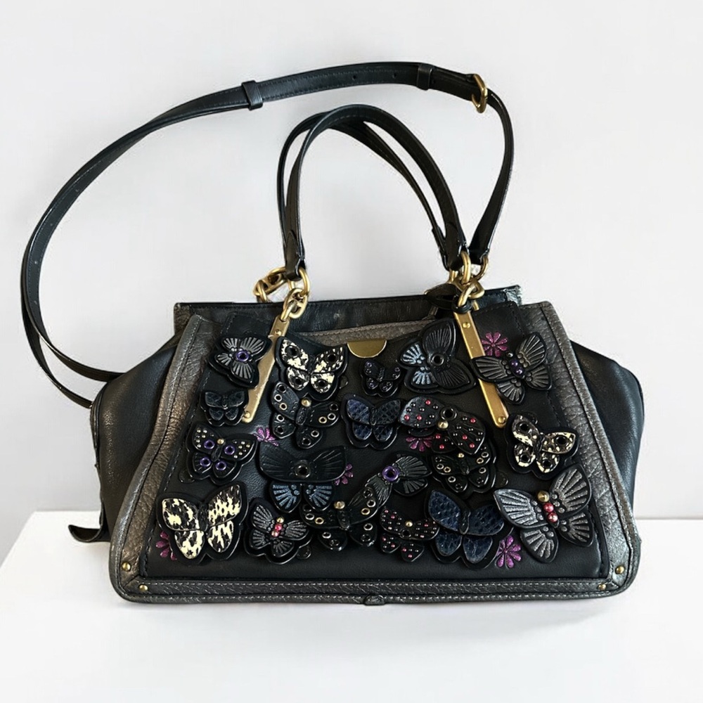 Coach Black and Purple Butterfly Embellished Satchel